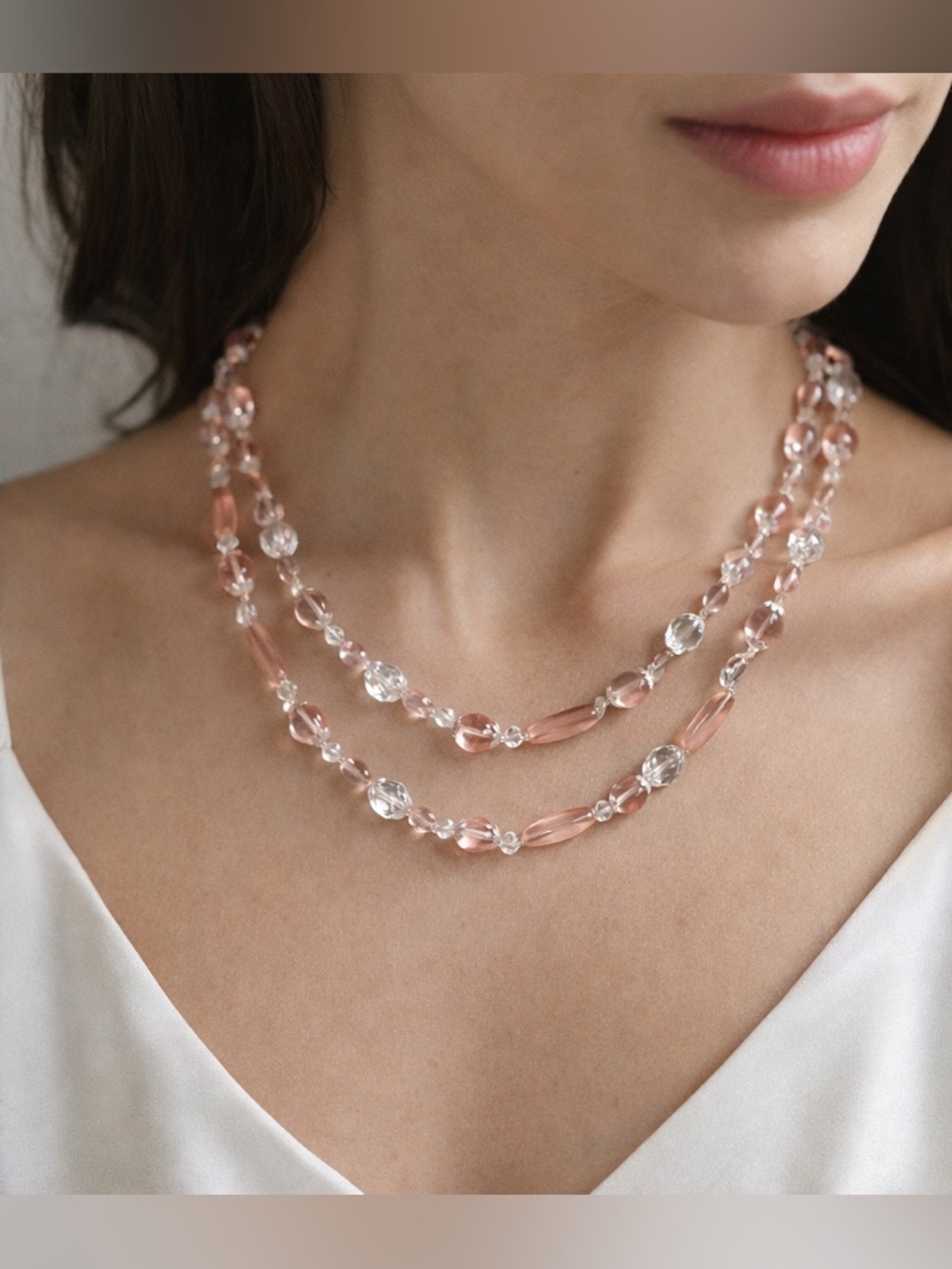 Vintage Rose and Clear Crystal And Glass Beaded Necklace